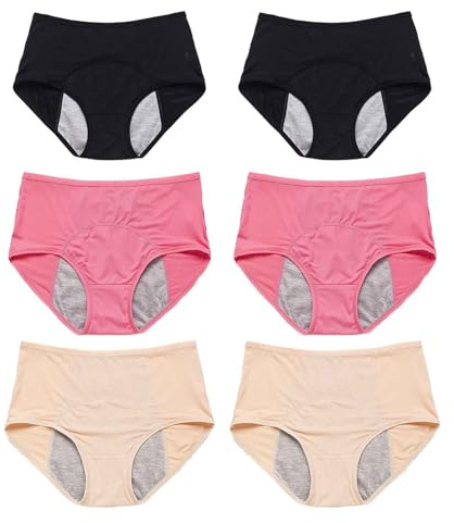 Lot De 6 Culotte Menstruelle Femme Taille Haute- Slip Femme éTanches Grande Taille Extensible Confortables Respirant sous-Vêtements Couleur Unie Casual Douces Stretch Basiques Lingerie
