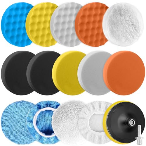 125mm Tampon de Polissage de Voiture, 16 PCS Kit Polissage Voiture, Pad Polissage Adaptateur de Perceuse et Tampons de Cire de Laine Polissage et Cirage Polish Voiture
