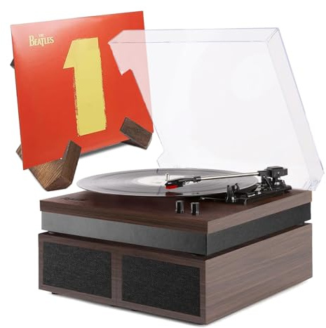 Fenton RP165D Dark Wood Bluetooth Vinyl Record Player with HiFi Stereo Speakers & Retro Wooden Vinyl Record Holder– Complete Turntable & Display Bundle for Home Audio