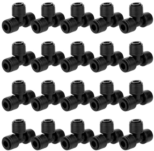 20pcs 1/4 Quick Connect Drip Irrigation Tee Fittings, Leak-Proof Push-to-Connect Plastic Drip Irrigation Tee Connectors Garden Watering System Accessories (Black)