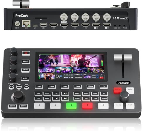 TEVO-ProCast Tenveo videomixer-switcher, 4K 60FPS live-streaming-videomixer, 5,5-tums FHD-skärm, 4× SDI- och 4× HDMI-ingångar, 1080P 60FPS-utgång, USB-inspelning, stöd för PTZ-kamera och controller