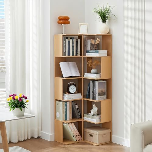 TerraVibe 6 Etagen Eckregal aus Holz, L-Förmiges Lagerregal, Standregal, Großes Offenes Regal, Eckvitrine, Büroregal, Aufbewahrungsregal für Arbeitszimmer, Schlafzimmer Büro (Natur)