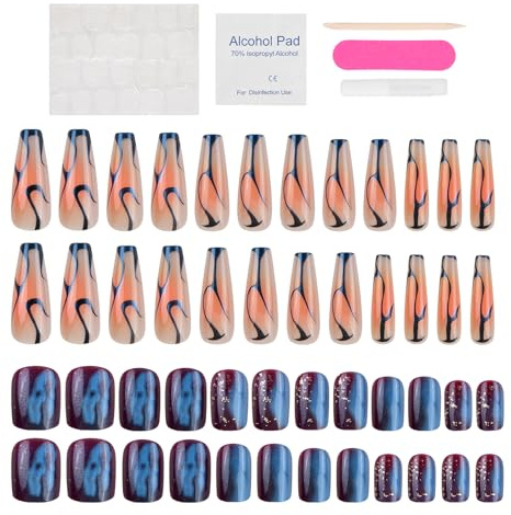 Set Unghie Finte 2 IN 1 | 48 Pezzi Unghie & Coffin con Colla | Unghie Artificiali Acriliche Lucide Riutilizzabili per Donne e Ragazze