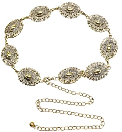 Ceinture Chaine Dorée,Femme Doree Métal Chaîne Bijoux Ceintures,Réglable Doré Taille Boucle Belt,Bohème Large Grosse Waist Sunflower Sequins Chaînes pour Robe Medievale Western Country Pirate Cowboy