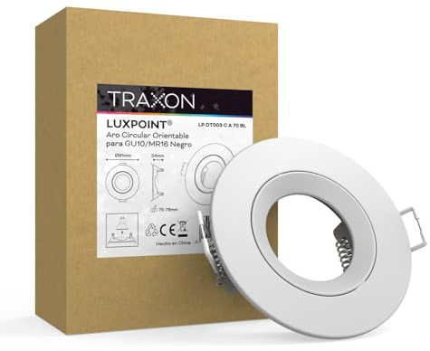 TRAXON LUXPOINT® Aro Circular Orientable Blanco DT003 para Bombilla LED GU10 Marco de Bombilla Aluminio+PC Corte techo Ø70mm (Blanco Orientable, Pack 2 und)