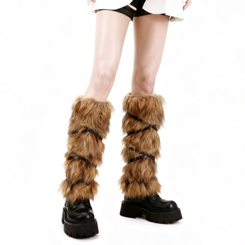 XEPST Kunstfell Beinwärmer Flauschige Fell Stulpen Beinstulpen für Damen Herren, Mittelalterliche Warrior Fellstulpen Armstulpen für Wikinger Kostüm Accessoires (Braun mit dunkelbraunen)