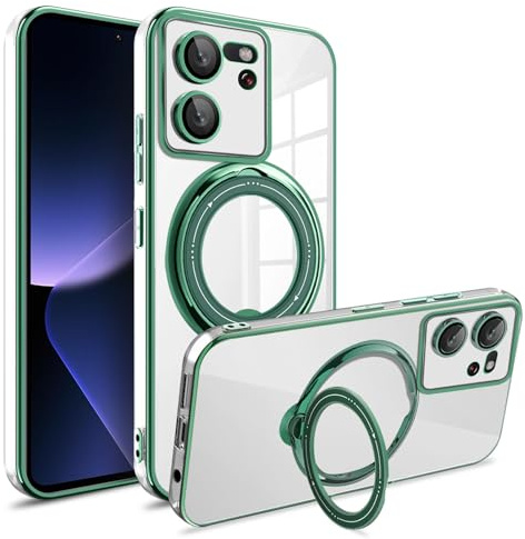 JIAFEI Funda para Xiaomi 13T 5G / Xiaomi 13T Pro 5G, Transparente Magnética Carga Inalámbrica Carcasa con 360° Giratorio Soporte, Protector de Lente de Cámara Cubierta, Verde