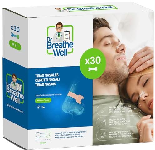 Dr. Breathe Well - 30 Tiras Nasales Antironquidos - Talla L - Extra Fuertes - Fácil de quitar. Tiras Nasales para Dormir y Deportivas, Alivian la Congestión Nasal y te ayuda a Respirar Mejor.