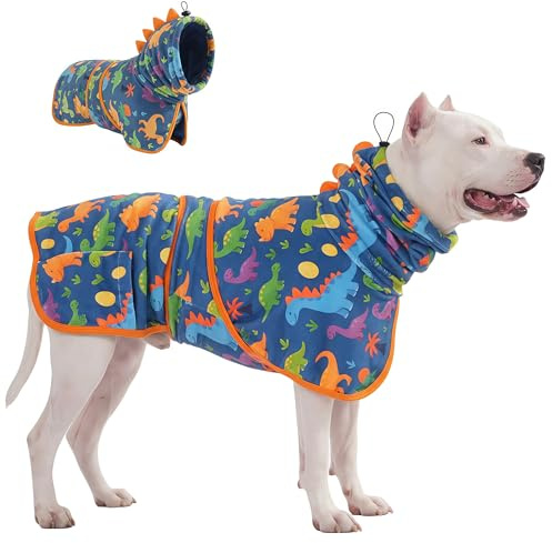 LovinPet 3‑in‑1 Dog Warm Winter Coat & Bathrobe, Hooded Dinosaur Fleece,Lightweight High‑Loft,Absorbent Knit, Quiet Hook‑and‑Loop, Wind‑Blocking Edges,Dog Robes for Medium & Large Dogs, Teal Blue,XL
