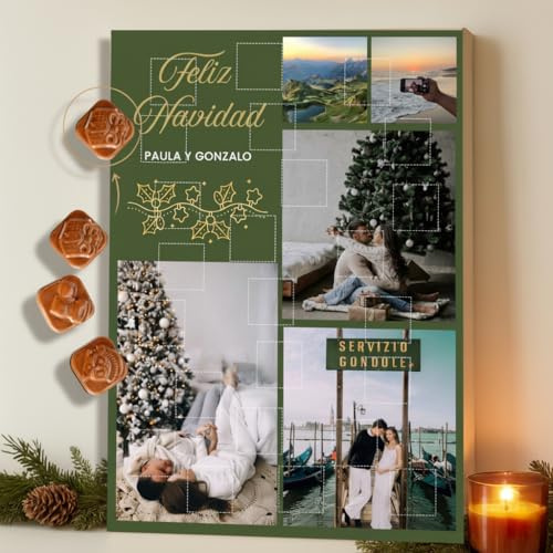 CRISTAL PLAQUE - Regalo Navidad Personalizado para Parejas y Familias | Calendario de Adviento con 5 Foto Personalizable y 24 Chocolates Premium | Detalle Romántico, Emotivo y Original