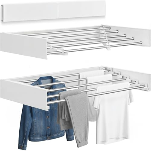 ECHOKRAFTS Wall Mounted Clothes Drying Rack, Foldable Wall Mount Laundry Rack Folding Indoor, Drying Rack Clothing Collapsible, Hidden Space Saver Cloths Drying Rack, Wall Drying Rack