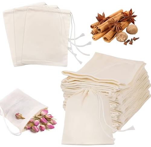 QEAS 30PCS Spice Bags for Cooking, Reusable Tea Bags Empty, Permeability and Sturdy Muslin Cloths for Cooking,Tea Coffee Filter, Filter Spices Storage(10 x 15CM)