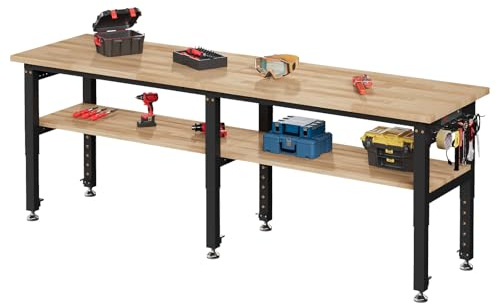 LUXOAK höhenverstellbare 2-teilige 213x61 cm Werkbank mit 4 AC-Steckdosen und 2 USB-Anschlüssen, belastbar bis 2722 kg, Massive Gummiholz-Arbeitsplatte, geeignet für Garage, Werkstatt und Büro
