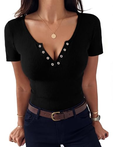 Aottori T-Shirt Femme Manches Courtes Col en V Été Haut Côtelé Noir M