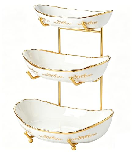 DUJUST 3 Tier Fruit Bowl, Elegant Ceramic Fruit Stand with Gold Scrollwork, Stackable & Easy to Store, Multifunctional Serving Tray for Fruit/Vegetables/Snacks - White Gold