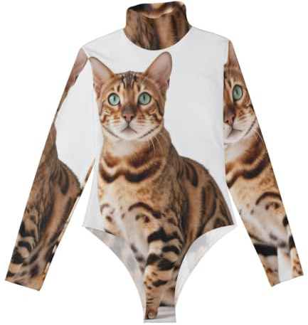 GuoChe långärmad sexig kroppsdräkt för kvinnor elegant prickig bengal katt | Shapewear Bodysuits för kvinnor sexiga toppar för kvinnor som går ut hög hals