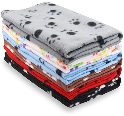 EAGMAK Cute Dog Cat Fleece Blankets with Paw Prints for Kitten Puppy and Small Animals Pack of 6 (Black, Brown, Blue, Grey, red and White)