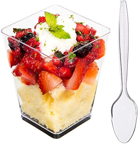 DLux Dessert Cups with Spoons, 160 ml - Clear Plastic Parfait Appetizer Cups, Square Large Reusable Shot Glass Bowl for Party Desserts Appetizers - with Recipe Ebook