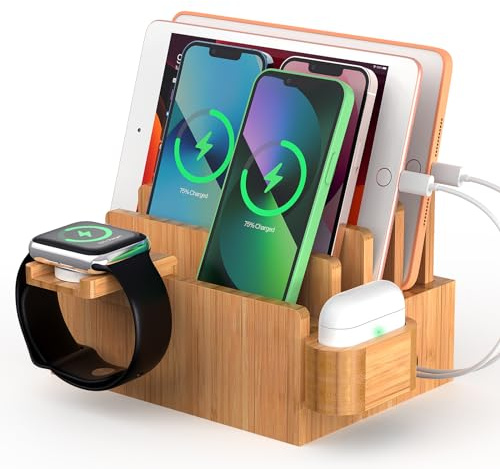 Pezin & Hulin 4-Slot Bamboo Charging Station for Phone, Watch & Earbuds | Bamboo Organiser with Watch & Earbuds Holder, Desktop Docking Rack for Multiple Devices – No Assembly Needed(No USB Charger)