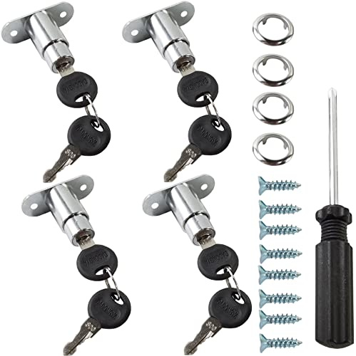GXXMEI 4PCS Drawer Desk Wardrobe Cabinet Push Plunger Lock with 1pc Slotted Screwdriver, 3/4 Cylinder Diameter 7/8 Cylinder Length, Zinc Alloy Chrome Finish, Keyed Alike