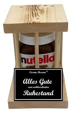 Ruhestand Geschenk zur Rente Pensionierung originell lustig Nutella (1 x 450 g) Notfall Reserve Holzstäbe Alles Gute zum wohlverdienten Ruhestand