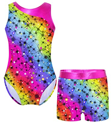 FEESHOW Mädchen Gymnastikanzug Turntrikot Turnhose Ballett Gymnastikbody Kurze Hose Set Sport Tanzsoutfit Athletic Wettkampf Trainingsanzüge A_Sternenlicht-Regenbogen 134-140