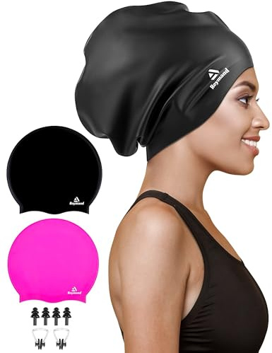 2 Pack Extra Large Swim Cap for Braids and Dreadlocks, Silicone Swimming Caps for Long Hair, Weaves, Extensions, Curls & Afros, Waterproof Adult Swim Hats Bathing Caps for Women Men(Black+Rose Red)