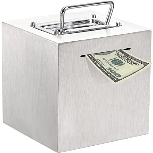 Jucoan Piggy Bank for Adult, 15 CM Cube Stainless Steel Money Saver Bank for Cash Saving to Help Budget and Save for Vacation Wedding, Reusable Metal Money Saving Box for Adult