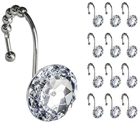 Sunlit Luxury Design Round Clear Diamond Crystal Gem Bling with Glide Balls Shower Curtain Hooks, Rust Proof Metal Rhinestones Glam Shower Curtain Rings-12 Pack, White Round Diamond (SCH001)