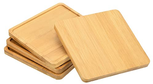 PATIKIL Plant Pot Saucer 5 Inch, 4 Pack Bamboo Square Flower Drip Tray for Home Indoor