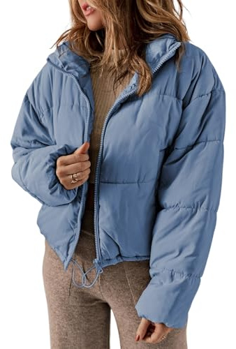 Dokotoo Winter Coats for Women Fashion Full Zipper Front Puffer Jacket Oversized Baggy Drop Shoulder Long Sleeve High Neck Quilted Padded Jackets Warm Windbreaker Outwear with Pockets Blue XL