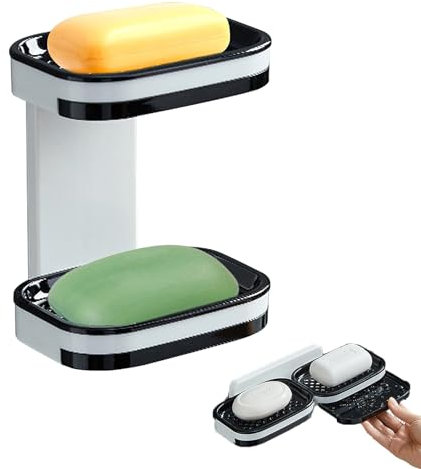 Double Layer Soap Dish Suction Cup Soap Holder with Drainage, NO-Drilling & Removable Self Adhesive Soap Dish Holder, Dishes Holder Wall Mounted for Shower, Bathroom, Tub and Kitchen Sink - Black