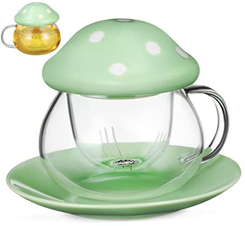 BESTonZON Glass Tea Mug with Detachable Infuser Mushroom Lid Coaster Suitable for Scented Tea Milk Coffee Biscuit Plate Lovers
