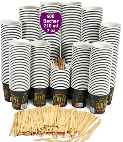 GoBeTree 400 Vasos Desechables Café de Papel Cartón 210ml / 7 oz con Paletinas de Madera: Vasos para Café para Corto, Lungo, Expreso. Para Oficinas y Hogares