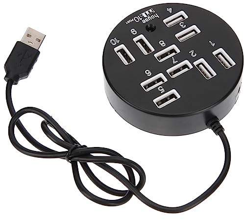 USB Hub 10 Port USB 2.0 round ABS Controller for Laptop Desktop | Power Supply, Stable Operation, for U Disk and Card Reader, Black Finish, Compact Everyday Use