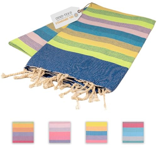 Sandrella | Hamamtuch | Recycelte Baumwolle | Sauna-, Strand-, Dusch-, Bade- & Yogatuch | 90x170cm | Gestreift – Dunkelblau/Grün/Gelb/Lila