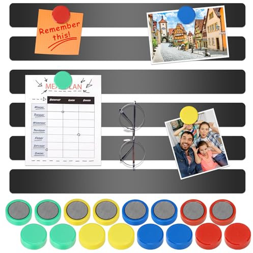 Wukong 6 Stück Magnettafel Memotafel, 30x3cm Schwarz Selbstklebend Magnetleisten mit 16 Starke Magnete für Büro, Pinnwand, Fotowand, Dokumente und Kühlschrank