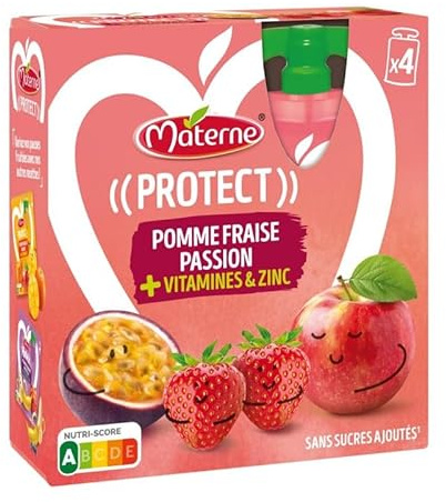 Pack 4 Gourdes Compote Materne Pomme Fraise Passion 360g Source de Vitamines et Zinc - Pratique et Nutritif - Le Lot De 4