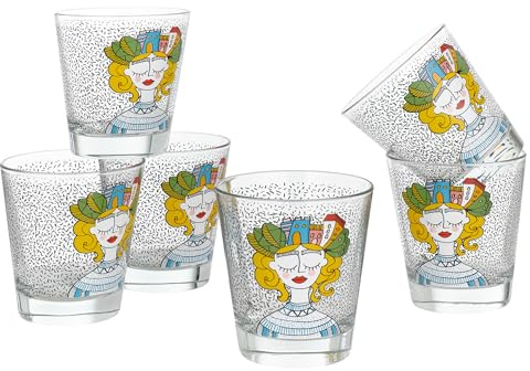 Baroni Home Set 6 Bicchieri Acqua con Decoro Colorato Stampato, Bicchieri in Vetro Colorati MADE IN ITALY, Bicchieri Lavabili in Lavastoviglie, 25 CL, Lady City