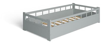 ms factory Bodenbett 160x80 cm - Kinderbett mit Rausfallschutz 40 cm Höhe - Bett Kinder ohne Matratze - Toddler Bed aus Holz - Kinder Bett mit Füße 5 cm - Grau