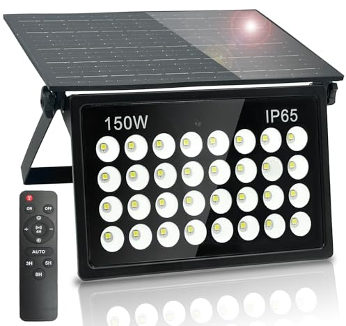 BOSITE Solar Strahler Außen 150W, Solarlampen für Außen mit Fernbedienung, 6500K Kaltweiß Super Helle LED solar strahler außen, IP65 Wasserdichte Strahler mit Solar für Garten Hof Garage Haustüren