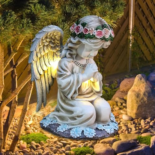 Vmxlso Statue da Giardino Esterno Angelo, Angioletto per Cimitero, Statue da Giardino di Angeli Solari, Impermeabile Angelo Della Preghiera per Davanzale, Cortile, Patio, Bianco