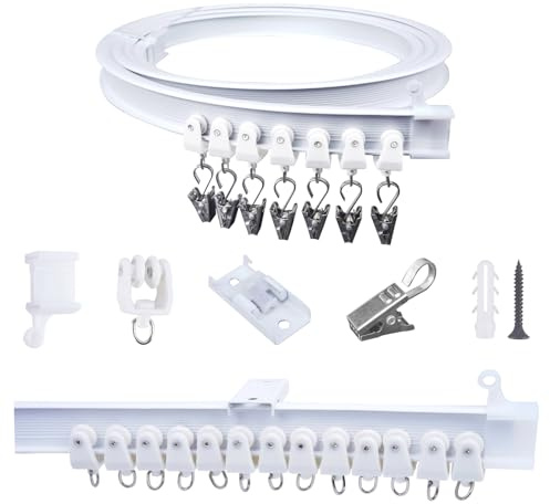 FOGAWA 2.5m Vorhangschiene mit 20 Vorhangklammern, Deckenvorhangschiene, Flexible Gardinenschiene, Gebogen, Deckenschiene für Duschvorhangstange, Raumteiler, Vorhangschienensystem Deckenmontage, Weiß