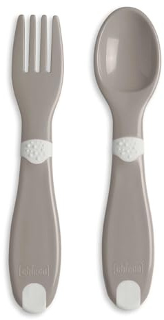 Chicco Erstes Babybesteck, Neutral, Gabel & Löffel, Klein, Leicht, Griffbereit, Rutschfeste Oberfläche, 12M+, 2 Stück, 0% BPA, GRAU