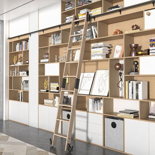 LKCBITION 108inch Heavy Duty Oak Ladder with Black Telescopic Roller Hardware on Sliding Library Ladder, Bottom Wheel with Brake, Suitable for Installation Height 102-3/4