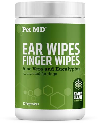 Pet MD Dog Ear Cleaning Wipes – Otic Cleanser for Dogs, Soothing Ear Care with Aloe Vera & Eucalyptus, Finger Wipes, 50 Count