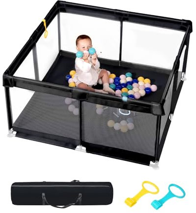 derimkcoa Laufstall Baby,Laufgitter Baby,Kinderzaun mit Atmungsaktivem Netz,Tragbarer Laufstall für Drinnen und Draußen(130x130x66cm,Schwarz)