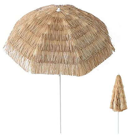 HUIBBGO Parasol de Plage Rond de 1,8 m, inclinable, Imitation hawaïenne, en Paille Plastique, Parasol de Jardin, pour extérieur/Balcon/pavillon/terrasse/Table Basse, mât épais