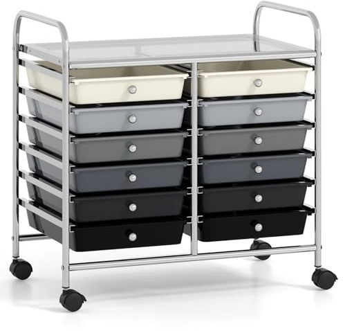 COSTWAY Rollwagen mit 12 stapelbaren Schubladen, Schubladenwagen Rollcontainer mit Metallgestell & Ablagefläche, Badrollwagen Aufbewahrungswagen für Büro, Wohnzimmer, 64 x 38 x 62 cm(Gemischt Schwarz)