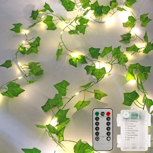 SOAIY Led Efeu Lichterkette 10M warmweiß 100LEDs batteriebetrieben Lichterkette mit Timer Fernbedienung Efeu Girlande Lichterkette Innen Deko für Kinderzimmer Schlafzimmer Garten Balkon Terrasse